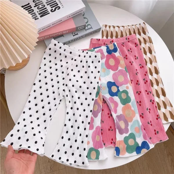 Summer Girls Floral Polka Dot Flared Pants Ice Silk Thin Fashion Outdoor Activities Children Pants Kids Everyday Versatil Pants - Image 1