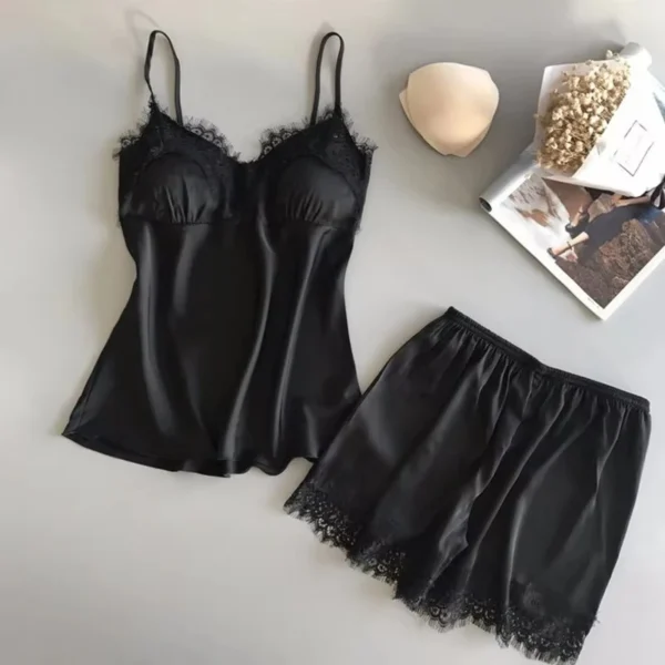 Women Pajama Set Fashion V Neck Stretch Satin Babydoll Lace Sexy Lingerie Bowknot Nightgown Sleep Shorts Set Sleepwear - Image 6