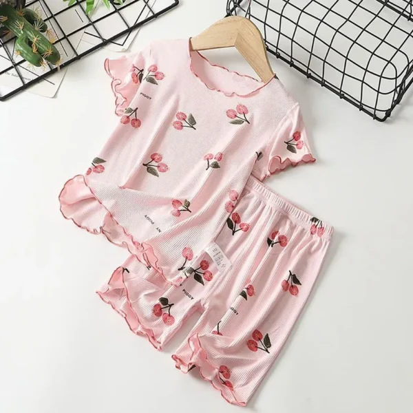Girls Summer Pajama Set Cherry Blossom Print 4-Way Stretch Shorts & Tee Breathable Modal Blend for Bedtime and Playtime for 1-8Y - Image 3