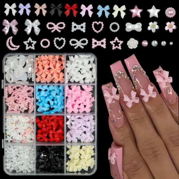 12Grids/box Mixed Resin Bowknot Nail Art Decorations 3D Acrylic Charms Kawaii Colorful Bow Rhinestone DIY Manicure Tools Parts - Image 1