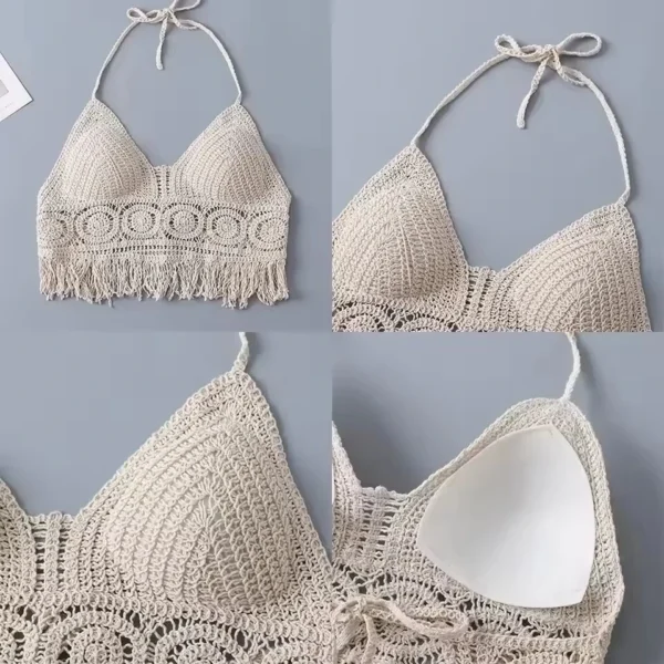 Boho Crochet Halter Top for Women Summer Beach Knit Crop Top with Tassels Backless Sleeveless Bralette - Image 6