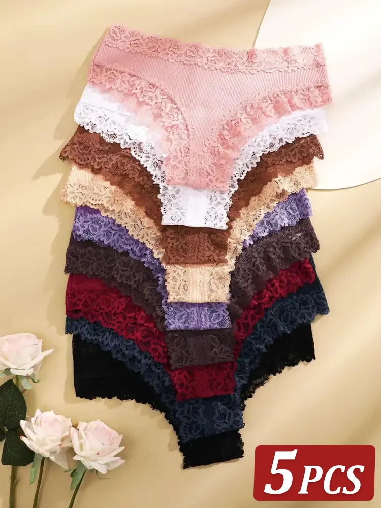 kf-S75bd1bc893714f18a27e01c11a38dd39z 5Pcs/set Women Cotton Panties Floral Lace Intimate Underwear Trendy Patchwork Lace Briefs Female Soft Underpants Lingerie S-XL - Image 1
