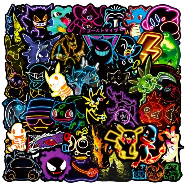50pcs Anime Neon Pokemon Stickers Pikachu Cartoon Decals Waterproof DIY Phone Skateboard Laptop Cool Cute Sticker for Kids Toy - Image 1