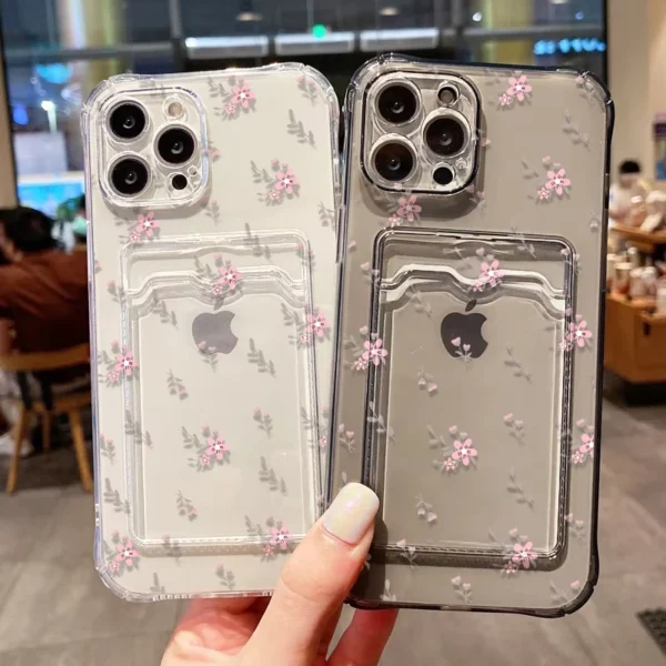 Soft Card Slot Bag Holder Phone Case For iPhone 13 11 16e 15 12 14 17 16 Pro Max 7 Plus XR SE Aesthetic Flower Transparent Cover - Image 5
