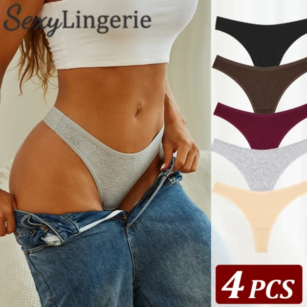 4PCS Women Cotton Thongs Female Sexy Low Waist Panties G-String Underwear Thongs Striped Panties Female Underwear T-Back Intimat - Image 1