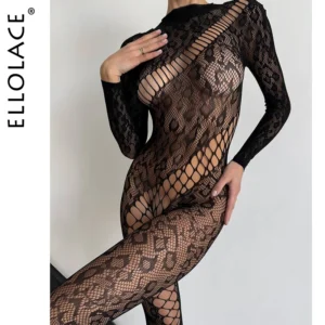 Ellolace Sexy Adult Female Jumpsuit Porn Beautiful Doll Backless Splicing Body Party Hollow Leopard Sheer Sex Lace Suit