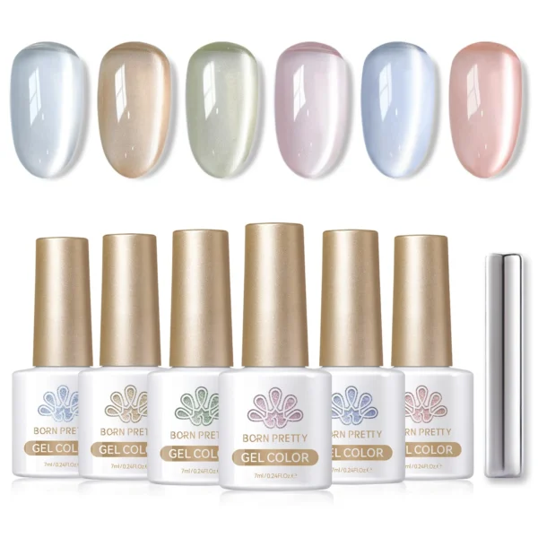BORN PRETTY 6 Bottle 7ml Jasmine Blossoms Cat Magnetic Gel Summer Blue Pink Nude Crystal Jelly Soak Off UV Gel Nail Art Varnish - Image 4