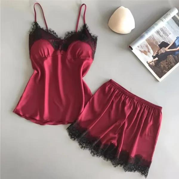 Women Pajama Set Fashion V Neck Stretch Satin Babydoll Lace Sexy Lingerie Bowknot Nightgown Sleep Shorts Set Sleepwear - Image 1