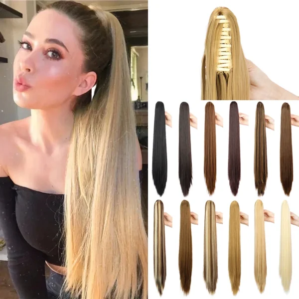 24Inch Synthetic Long Straight Claw Clip On Ponytail Hair Extensions Heat Resistant Ponytail Blonde Black Hairpiece for Women - Image 1