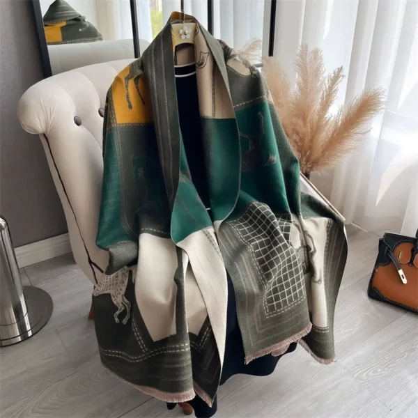2024 Luxury Horse Print Scarf for Women Warmer Winter Cashmere Pashmina Scarves Shawls Female Thick Blanket Wraps Foulard - Image 3