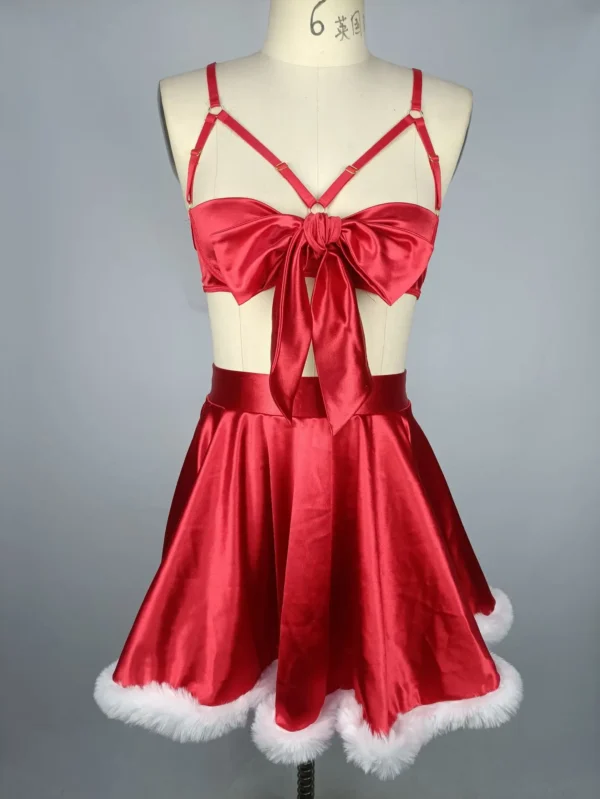 Ellolace Christmas Lingeries Sexy Hot Charming Valentine Bra Thong Skirt 3PC&Leg Circles Sissy Hollow Breast Tie Bownkot Set - Image 4