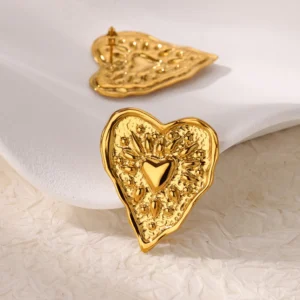 Stainless Steel Irregular Heart Texture Stud Earring for Women Gold Color Heart Wedding Aesthetic Earring Jewelry Accessories
