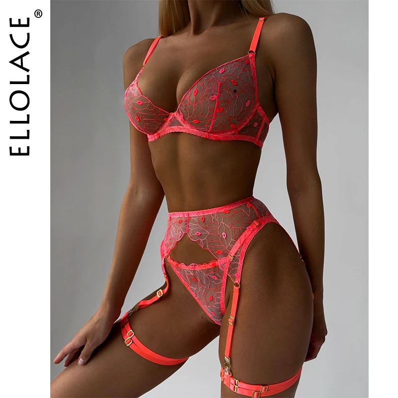 kf-S877fac209db3440a8ae80377781a0c1by Ellolace Fancy Erotic Lingerie Neon Orange Lace Well-Looking Underwear Desire Hot Girl Fantasy Sexys Naked Bilizna Set Of Sex - Image 1