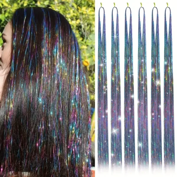 Sparkle Synthetic Hair Extensions Tinsel Rainbow Colored Strands Girls Headwear Hairbinge Hair Laser False Decor - Image 1