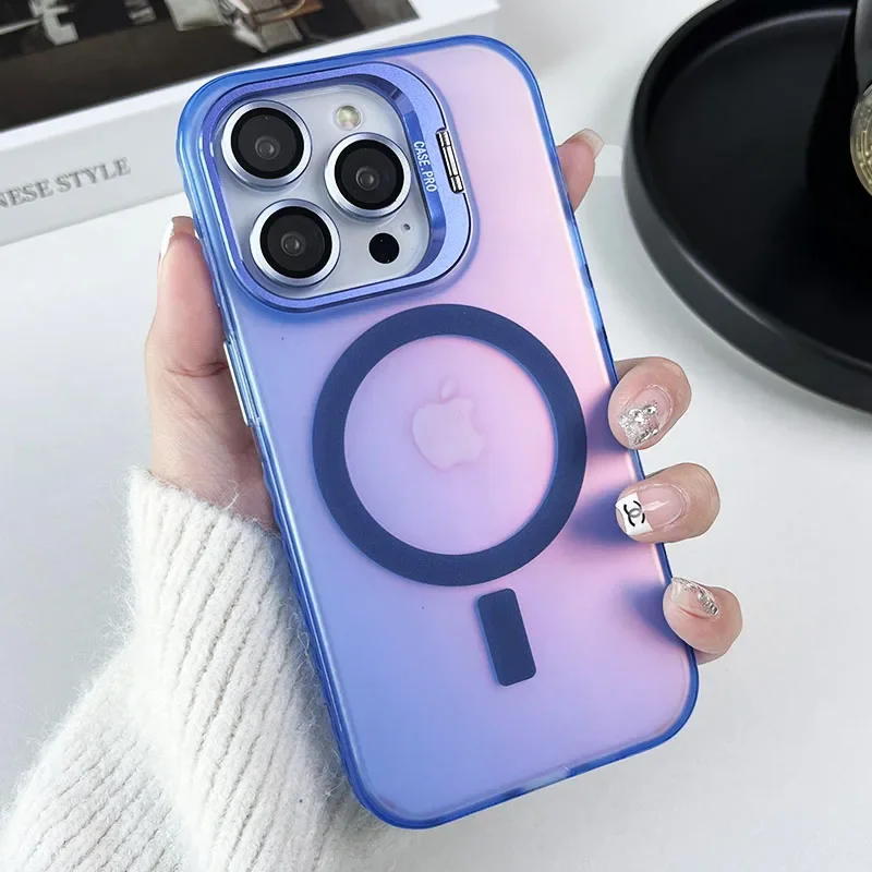 kf-S895aaddbf0ff472081f30dcf8586361ck Color Change Magsafe Magnetic Phone Case For iPhone 16 15 14 Plus 13 12 11 Pro Max Lens Glass Film Protection Metal Stand Cover - Image 1