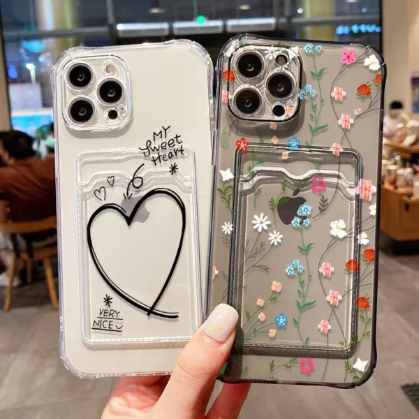 Soft Card Slot Bag Holder Phone Case For iPhone 13 11 16e 15 12 14 17 16 Pro Max 7 Plus XR SE Aesthetic Flower Transparent Cover - Image 2