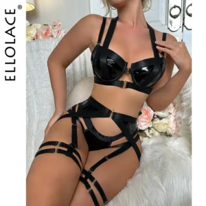 Ellolace Latex Lingerie Sensual Crotchless Panties Erotick Costume With Push Up Bra Hot Girl Underwear Luxury Support Underwear
