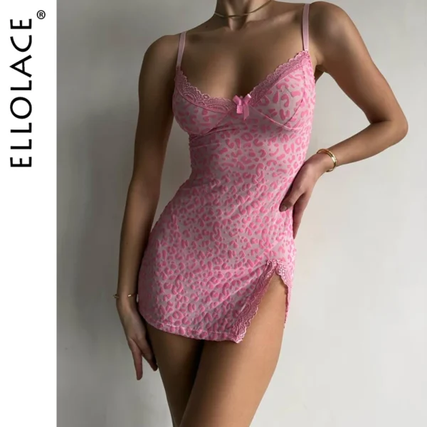 kf-S927541d4cdb04ef4be5870553ebd7da7i Ellolace Sensual Women's Dress Beautiful Deep-V Neck Lace Split Sets Sheer Leopard with Thongs Sleepwear Babydoll Party Mini Kit - Image 1