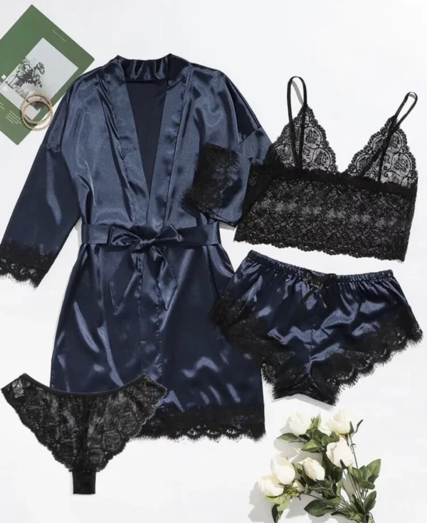 4pcs Women Striped Lingerie Set Lace Trim Robe Camisole Shorts Panties Nightwear Sleepwear Homewear Sexy Pajamas Outfit - Image 3