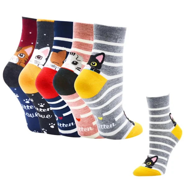 5 Pairs of Cute Cat Socks Women Cartoon Animal Crew Socks Fun Kitten Cotton Socks Gift Colorful Casual Sock Set - Image 1