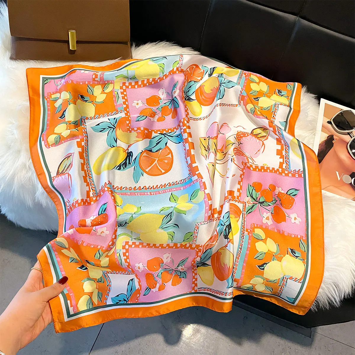 kf-S99ee4619de5e49acb0191d11c7721ab59 Lemon Silk Square Scarf Women Satin Shawl Wrap Hijab Female Hair Band Wrist Luxury Headkerchief 70*70cm Echarpe 2025 Bandana - Image 1