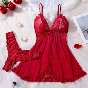 Sexy Lace Lingerie Set for Women, Red Hot Sleepwear Nightdress with Matching Panties, V-Neck Sheer Lace Camisole, Romantic Night