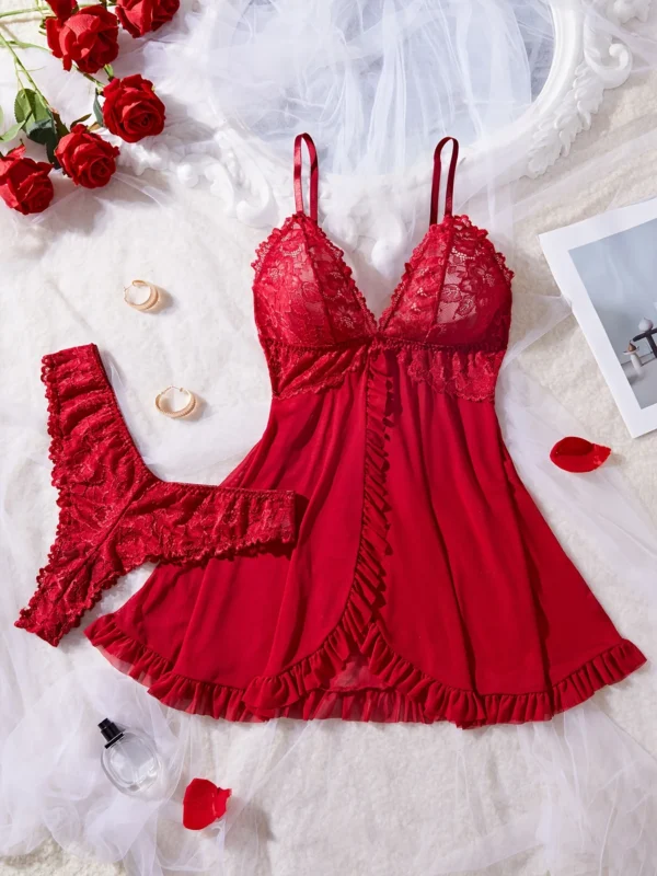 kf-S9cdbf05b1d9d4da59e47a0e439cfb42bw Sexy Lace Lingerie Set for Women, Red Hot Sleepwear Nightdress with Matching Panties, V-Neck Sheer Lace Camisole, Romantic Night - Image 1