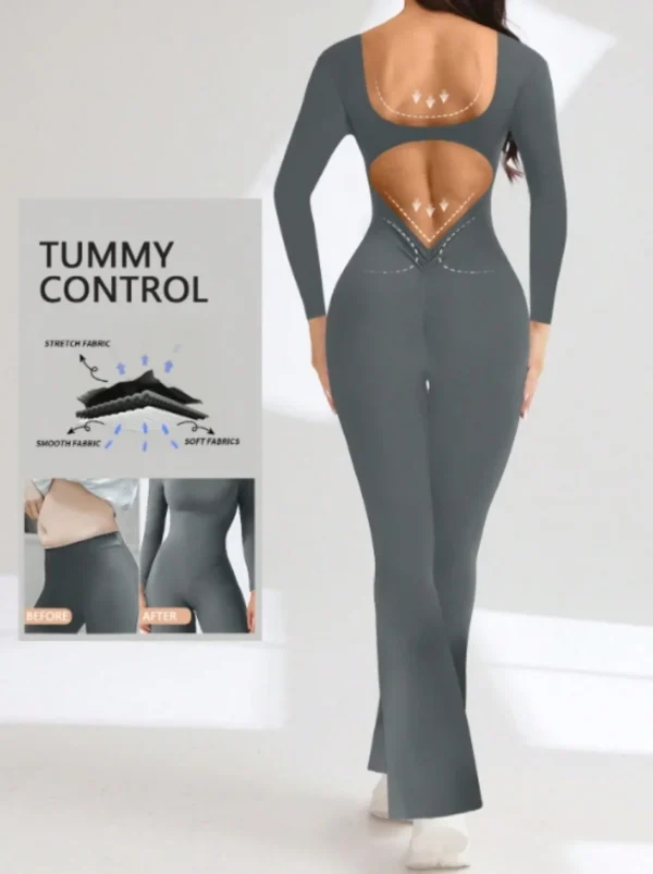 High quality solid color long sleeved compression exercise jumpsuit women's sportswear bell bottom pants sexy push up yoga set - Image 3