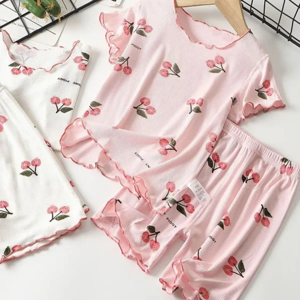 Girls Summer Pajama Set Cherry Blossom Print 4-Way Stretch Shorts & Tee Breathable Modal Blend for Bedtime and Playtime for 1-8Y - Image 1