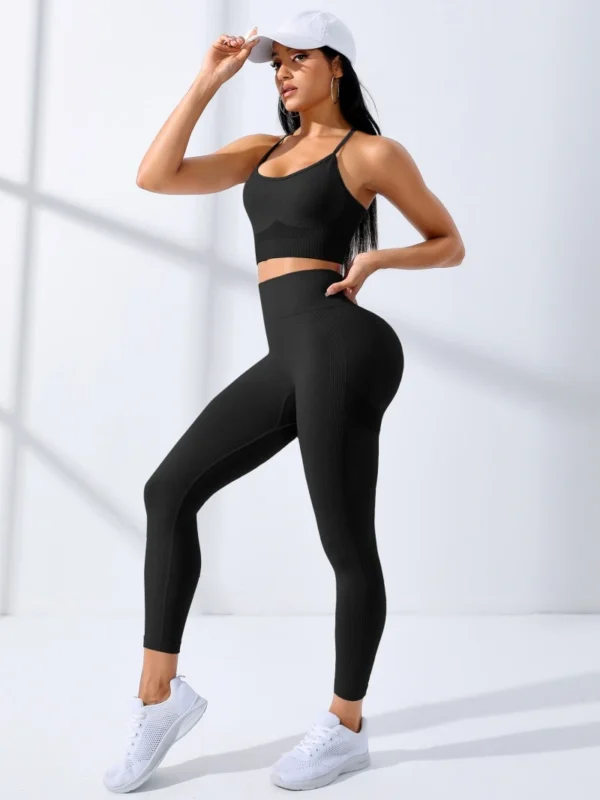 Women Yoga Set 2/Pcs Seamless Workout Outfits Yoga Sportswear Tracksuit Leggings And Thin Shoulder Strap Stretch Sports Bra Fitn - Image 4