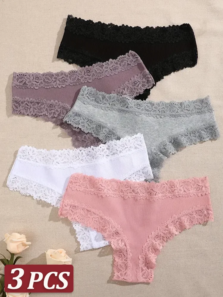 kf-Sa1b1400e968f406bae5a722cd3becad5d 3Pcs/set Women Cotton Panties Floral Lace Intimate Underwear Trendy Patchwork Lace Briefs Female Soft Underpants Lingerie S-XL - Image 1