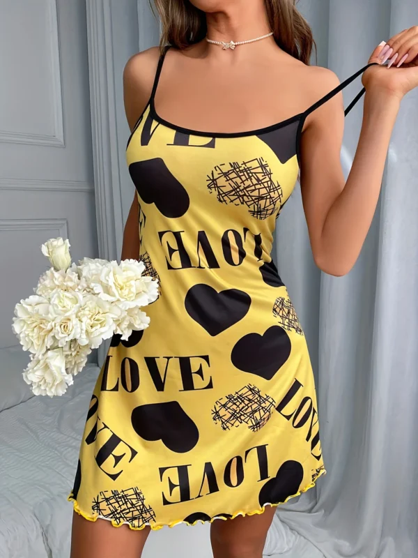 Women Summer Camisole Nightgown Backless Heart LOVE Print Soft Breathable Sleepwear Ruffle Hem Round Neck Night Dress - Image 2