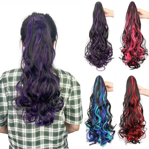 Synthetic 20Inch Long Curly Ponytail Claw Clip in Hair Extension Mixed Red Purple Hairpiece for Women - Image 1
