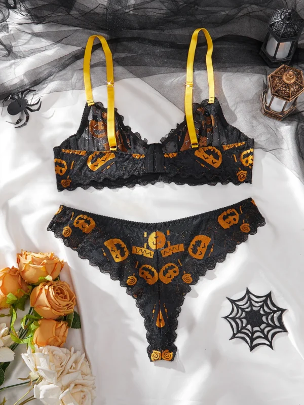 Ellolace Halloween Lingeries Sexy Hot Exclusive Pumpkin Lamp Wacky Faces 2PC Set Witty Treat and Trick Cosplay Women's Underwear - Image 4