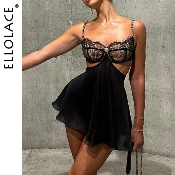 Ellolace Sexy Adult Female Dress Chain Shoulder Straps Backless Set Fancy Cut Out on Sides Bra Hilitos Women Tutu Organza Outfit - Image 1