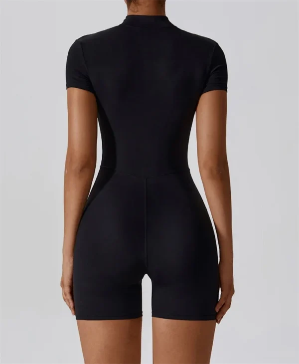 European and American nude one-piece yoga suit with stand up collar, half zipper, short sleeved fitness jumpsuit, tight fitting - Image 2