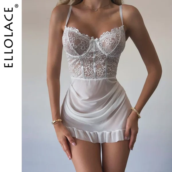 Ellolace Sexy Dress Hot Asymmetrical Boudoir Dress Sex Mesh Women's Summer 2PCS Hilitos Romantic See Through Wedding Nightwear - Image 1