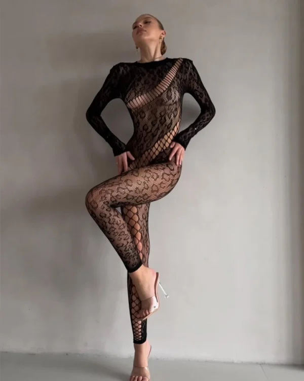 Ellolace Sexy Adult Female Jumpsuit Porn Beautiful Doll Backless Splicing Body Party Hollow Leopard Sheer Sex Lace Suit - Image 5