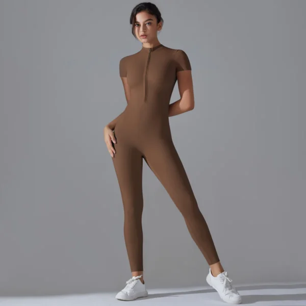 Naked zipper short sleeved yoga suit jumpsuit, quick drying breathable outdoor sports tight fitting jumpsuit, fitness suit - Image 5
