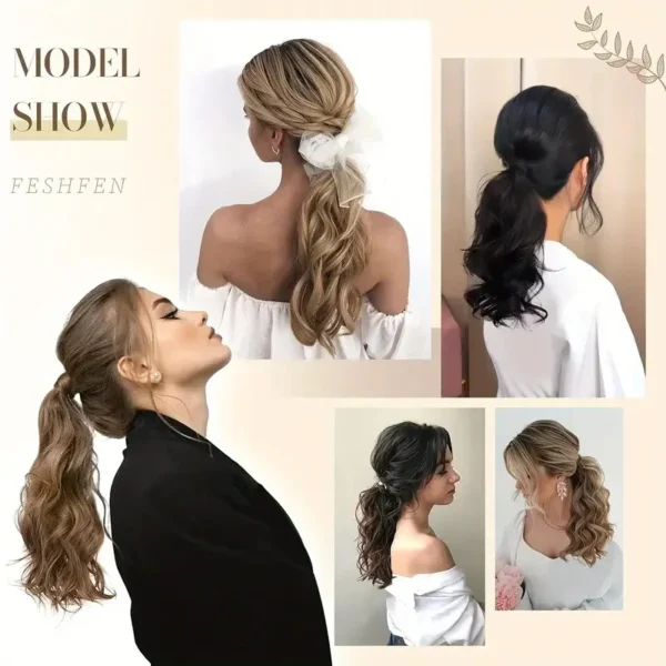 Synthetic 14Inch Wavy Curly Wrap Around Clip Ponytail Hair Extension Black Blonde Fake Hairpiece for Women - Image 6