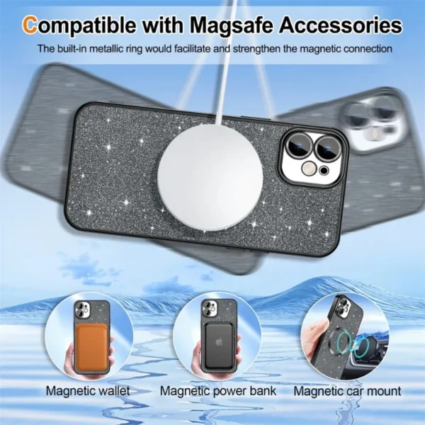 Electroplate With Lens Protector Case For iPhone 15 14 13 12 11 16 Pro Max Plus For Magsafe Wireless Charge Bumper Glitter Cover - Image 4