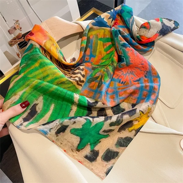 Designer Floral Square 65cm Neckerchief Women Real Silk Scarf Luxury Cotton Shawl 2025 Print Female Hijab Bandana Headband - Image 3