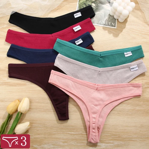 3Pcs/Set Women Sexy Cotton Thongs Solid V-Waist Stripe Lady Panties Breathable G-String Soft Underwear Female Intimates Lingerie - Image 1