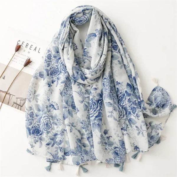 Classic Blue Flower Print Scarf Elegant Tassel Shawl Casual Windproof Head Wrap Hijab Sunscreen Travel Beach Towel For Women - Image 7