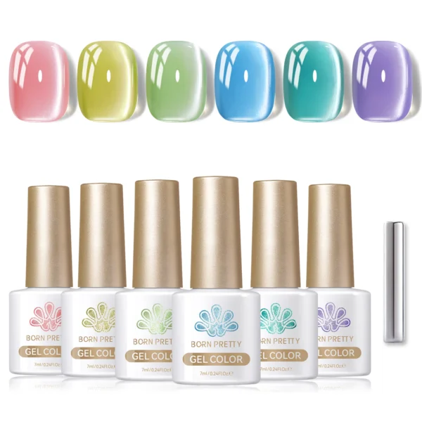 BORN PRETTY 6 Bottle 7ml Jasmine Blossoms Cat Magnetic Gel Summer Blue Pink Nude Crystal Jelly Soak Off UV Gel Nail Art Varnish - Image 6