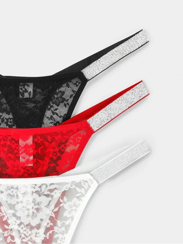 3pcs Sexy Thongs Lace Women Underwear Perspective Floral Panties Low Rise Two Shiny Belts G-string Comfortable Intimate Lingerie - Image 5