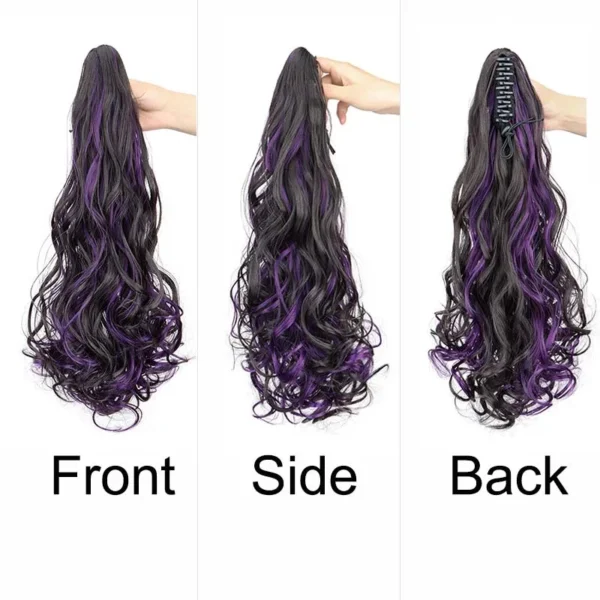 Synthetic 20Inch Long Curly Ponytail Claw Clip in Hair Extension Mixed Red Purple Hairpiece for Women - Image 4