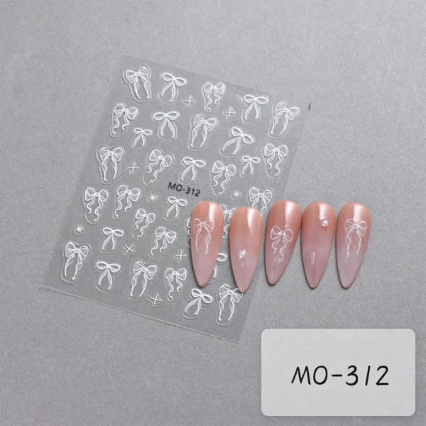 Bowknot Nail Stickers 3D Relief White Ribbon Cute Sweet Pink Self-Adhesive Nail Art Decoration Decals For Nail Tips Manicures - Image 3