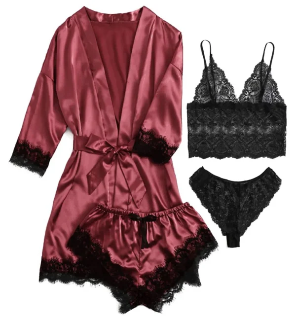 4pcs Women Striped Lingerie Set Lace Trim Robe Camisole Shorts Panties Nightwear Sleepwear Homewear Sexy Pajamas Outfit - Image 6