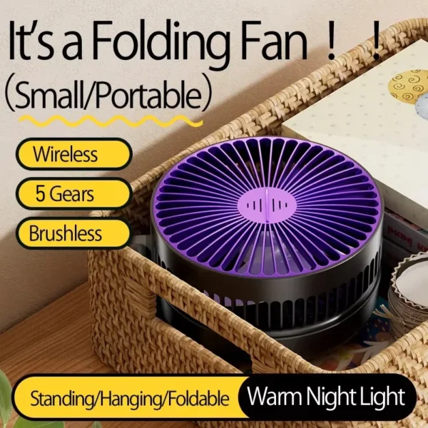 2025 New 5000mAh Rechargeable 3IN1 Multifunctional Portable Fan Wall Mounted Fan 90° Folding Fan 4 Gears With Warm Night Light - Image 5